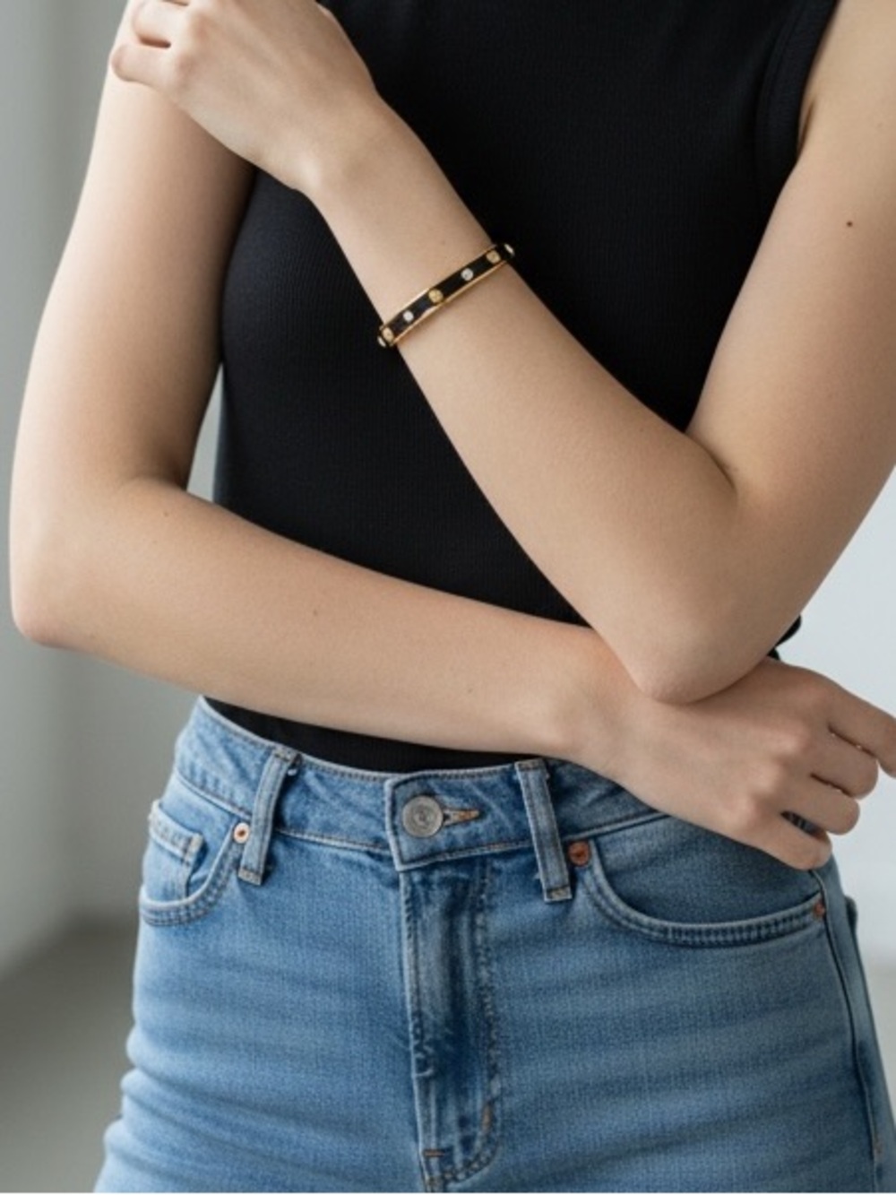 Kurt Geiger Black Enamel Gold-Tone Crystal Shield Bangle